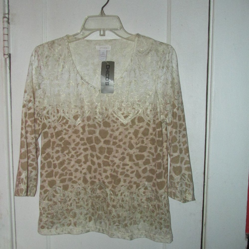 Chico's Gold Foil Animal Print Top Shirt Touch of Cool SZ 0 Small